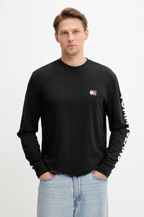 Tommy Jeans longsleeve din bumbac culoarea negru, uni, DM0DM21591