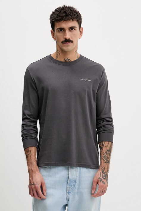 Tommy Jeans longsleeve bawełniany kolor szary z nadrukiem DM0DM21594
