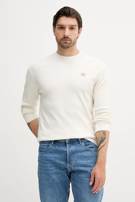 Calvin Klein Jeans longsleeve culoarea bej, uni, LV040EM217