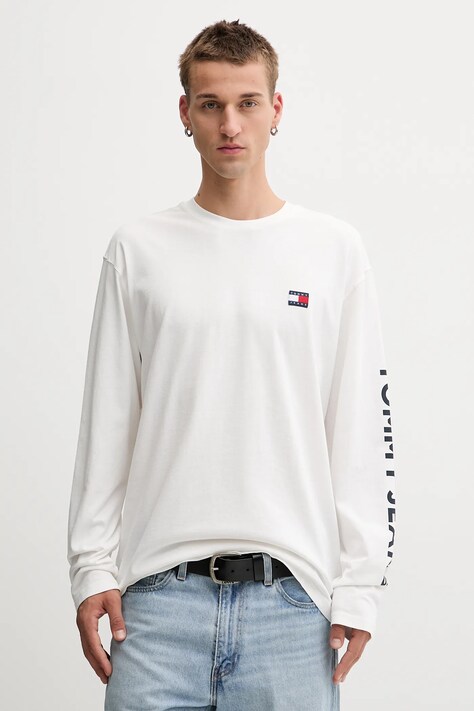 Tommy Jeans longsleeve din bumbac culoarea bej, cu imprimeu, DM0DM21976