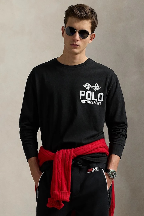 Bavlněné tričko s dlouhým rukávem Polo Ralph Lauren Lscnclsm2 Long Sleeve černá barva, s potiskem, 710972612