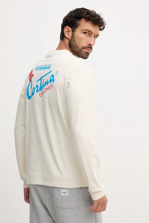 Napapijri longsleeve bawełniany S-Fiemme kolor beżowy z nadrukiem NP0A8947N1J1