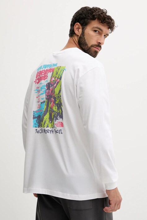 The North Face longsleeve din bumbac Expedition Celebration culoarea alb, cu imprimeu, NF0A8E3DFN41