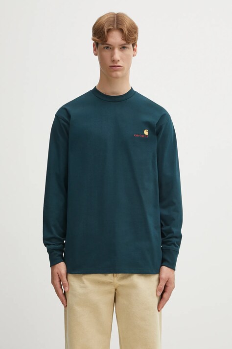 Бавовняний лонгслів Carhartt WIP L/S American Script колір бірюзовий однотонний I029955.0AUXX