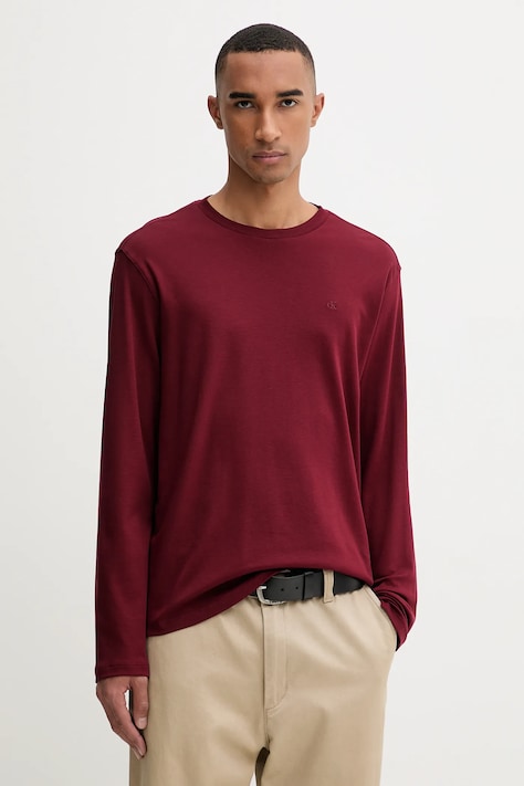 Calvin Klein longsleeve din bumbac culoarea bordo, uni, LV04LD227G