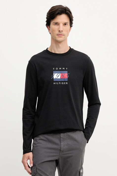 Pamučna majica dugih rukava Tommy Hilfiger boja: crna, s tiskom, MW0MW41497