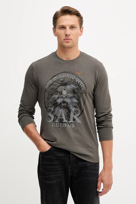 Aeronautica Militare longsleeve din bumbac culoarea gri, cu imprimeu, TS2485UJ00708
