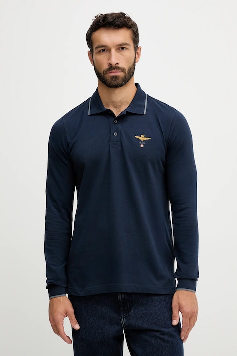 Aeronautica Militare longsleeve din bumbac culoarea bleumarin, cu imprimeu, PO1653UP00082