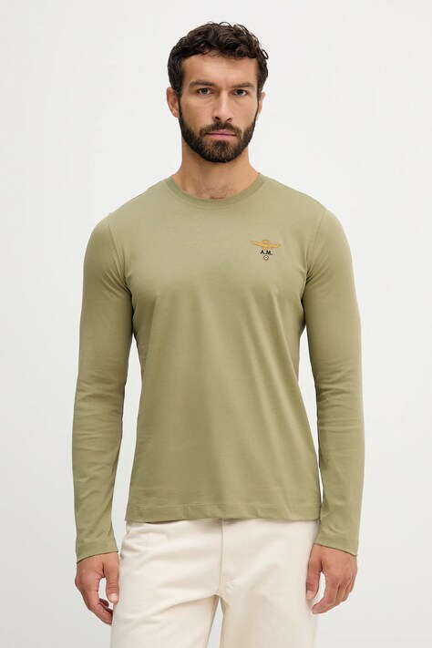 Bavlněné tričko s dlouhým rukávem Aeronautica Militare zelená barva, TS2390UJ00372