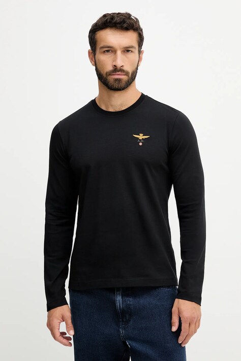 Bavlněné tričko s dlouhým rukávem Aeronautica Militare černá barva, TS2390UJ00372
