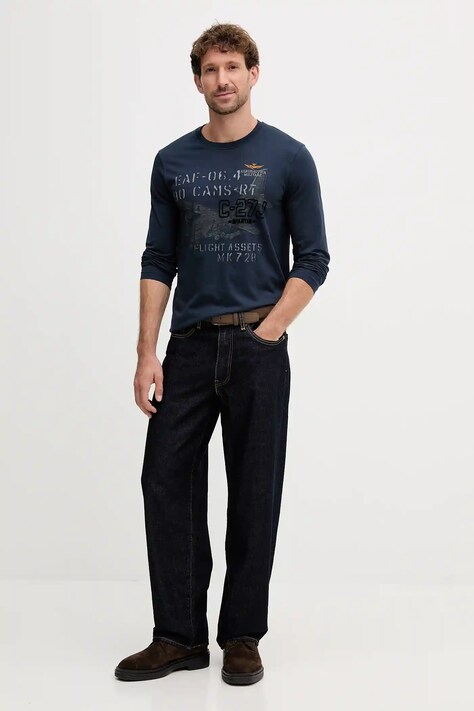 Aeronautica Militare longsleeve din bumbac culoarea bleumarin, cu imprimeu, TS2475UJ00641