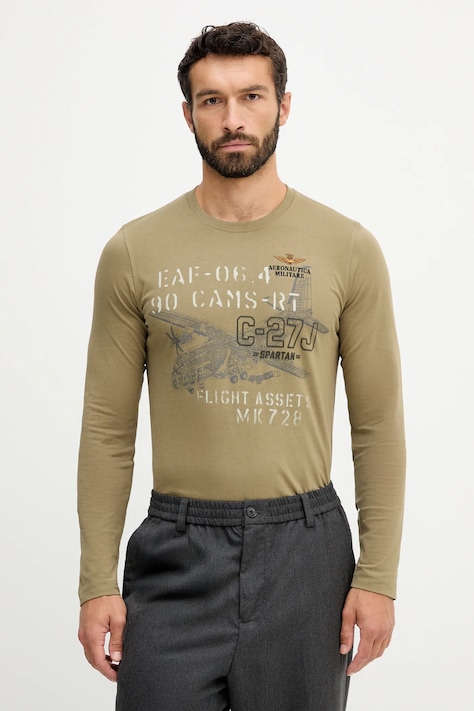 Aeronautica Militare longsleeve din bumbac culoarea verde, cu imprimeu, TS2475UJ00641