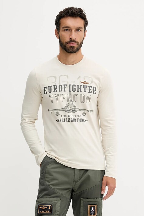 Aeronautica Militare longsleeve bawełniany kolor beżowy z nadrukiem TS2477UJ00641