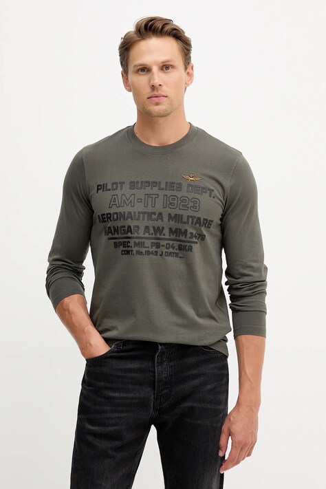 Aeronautica Militare longsleeve din bumbac culoarea gri, cu imprimeu, TS2484UJ00641