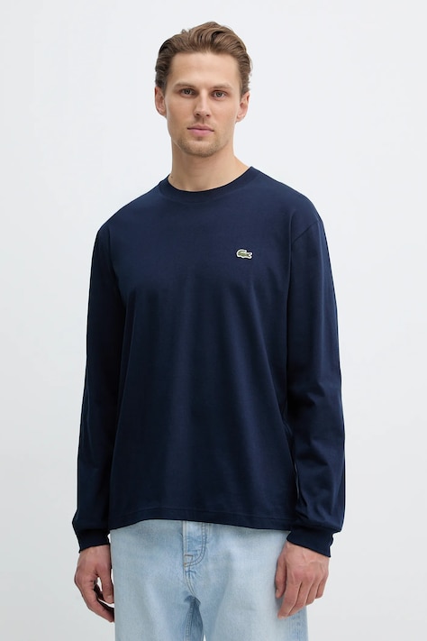 Lacoste longsleeve din bumbac culoarea albastru marin, neted, TH7307