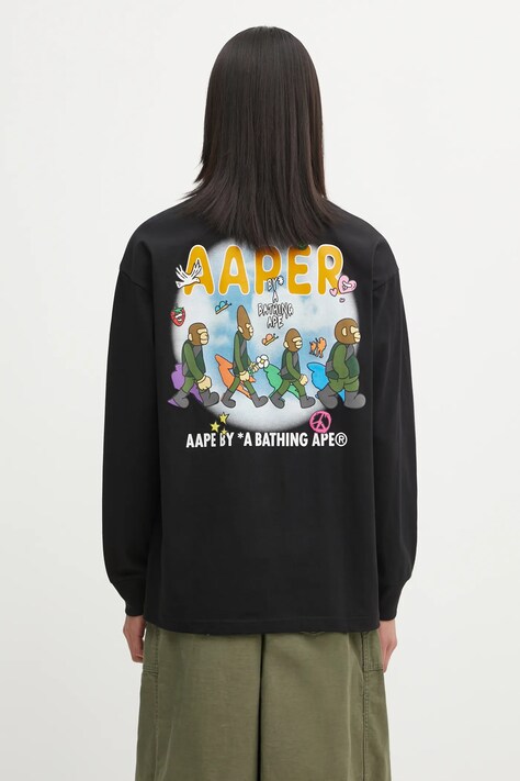 AAPE longsleeve bawełniany kolor czarny z nadrukiem AAPLTM1722XXP