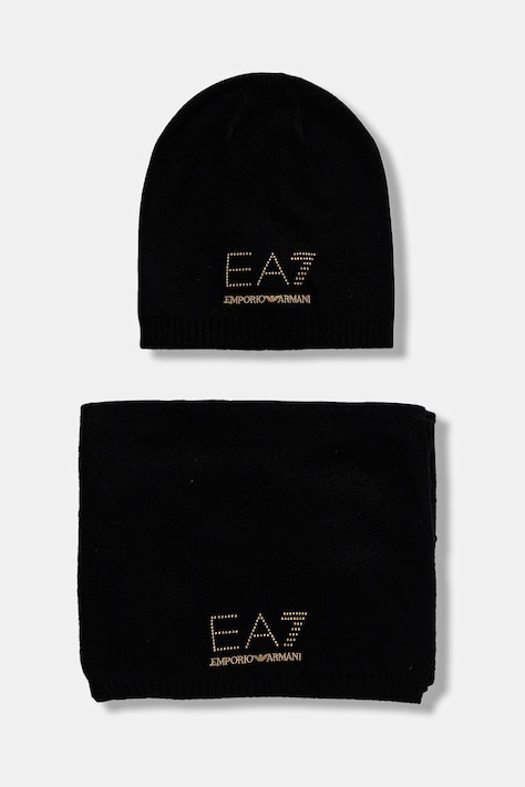 EA7 Emporio Armani căciulă si eșarfă din amestec de lână culoarea negru, AF16843.7W000717