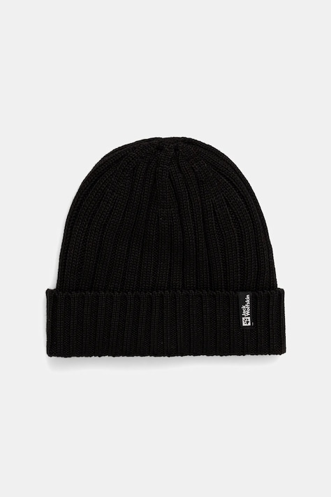 Čepice s příměsí vlny Jack Wolfskin RIB KNIT černá barva, 1907122