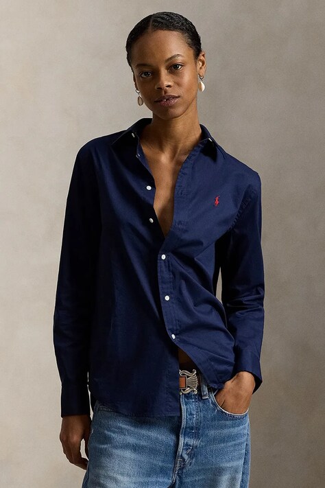 Polo Ralph Lauren koszula bawełniana damska kolor granatowy regular z kołnierzykiem klasycznym 211A92177