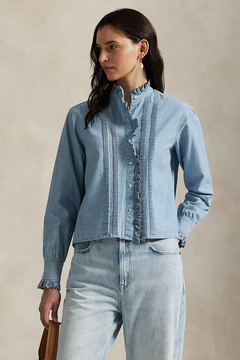 Bavlněná košile Polo Ralph Lauren dámská, modrá barva, regular, se stojáčkem, 211971520