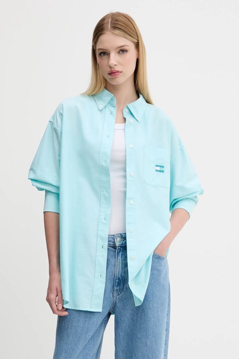 Πουκάμισο Tommy Jeans χρώμα: τιρκουάζ, DW0DW20988