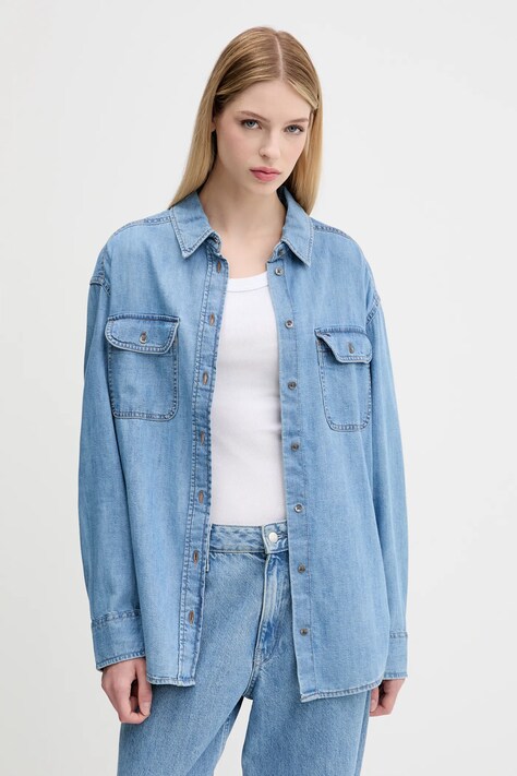 Βαμβακερό πουκάμισο Tommy Jeans χρώμα: μπλε, DW0DW21073