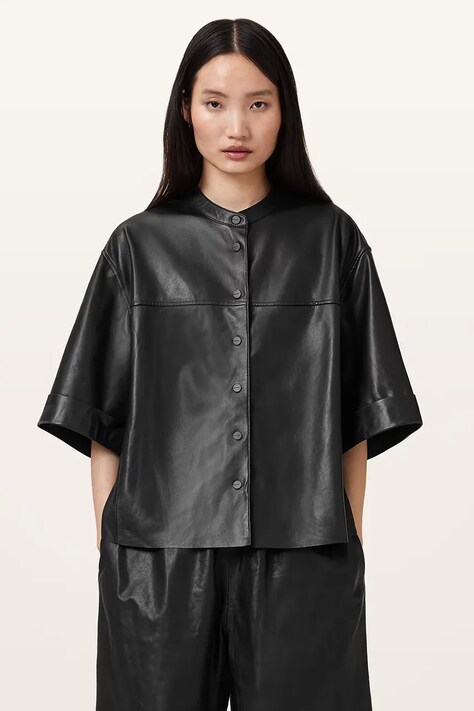 AllSaints cămașă din piele JENNA culoarea negru, cu guler stand-up, relaxed, W076PC