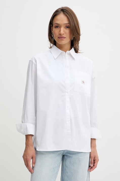 Calvin Klein Jeans Košeľa Calvin Klein Jeans biela farba, voľný strih, s klasickým golierom, LV047C143G