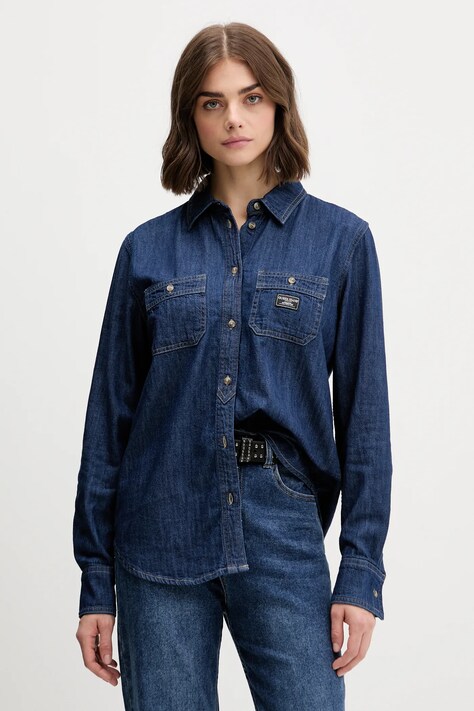 Guess Jeans koszula jeansowa damska kolor granatowy regular z kołnierzykiem klasycznym W5YH37 D5M8D