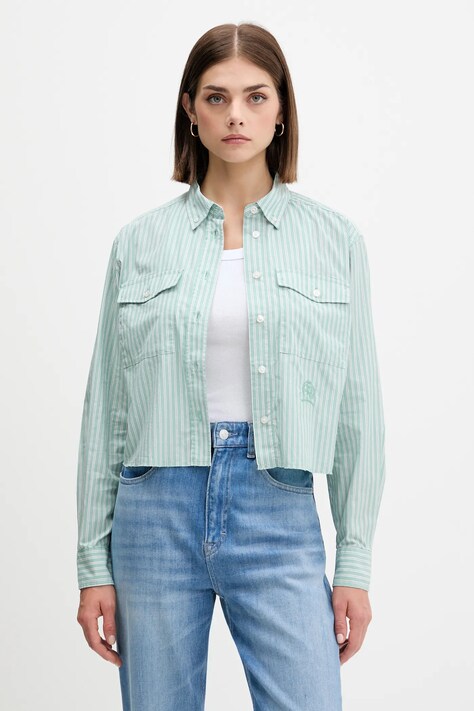 Tommy Jeans koszula bawełniana damska kolor zielony relaxed z kołnierzykiem klasycznym DW0DW21453