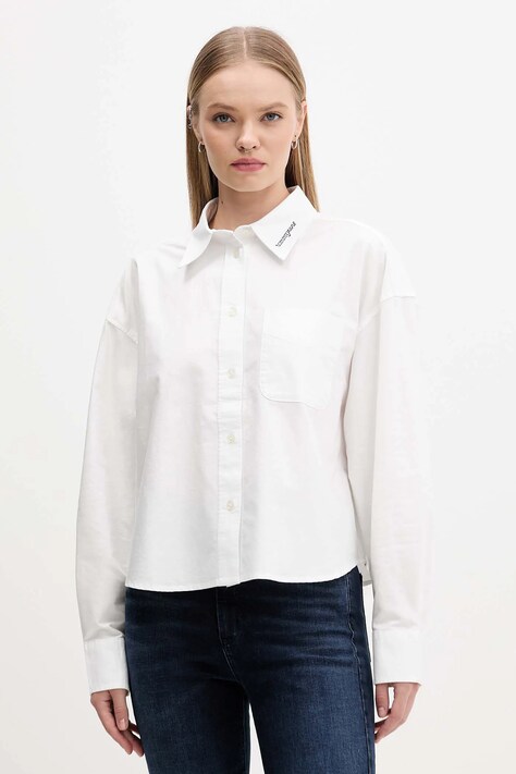 Bavlnená košeľa Tommy Jeans biela farba, voľný strih, s klasickým golierom, DW0DW21455