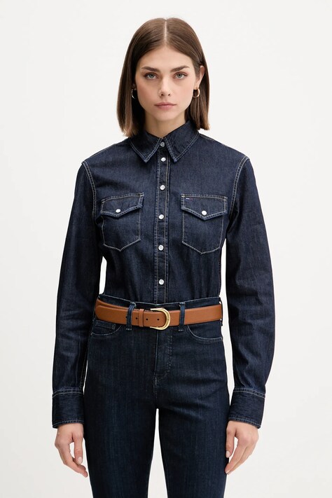 Tommy Jeans koszula jeansowa damska kolor granatowy regular z kołnierzykiem klasycznym DW0DW21653