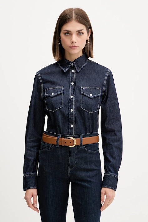 Τζιν πουκάμισο Tommy Jeans χρώμα: ναυτικό μπλε, DW0DW21653
