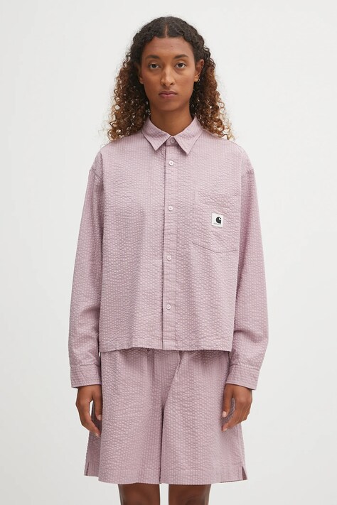 Βαμβακερό πουκάμισο Carhartt WIP W' L/S Toland χρώμα: ροζ, I035132.31TXX
