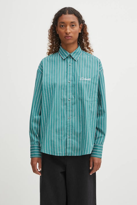 Carhartt WIP koszula bawełniana W' L/S Grimsby damska kolor zielony relaxed z kołnierzykiem klasycznym I035134.30MXX