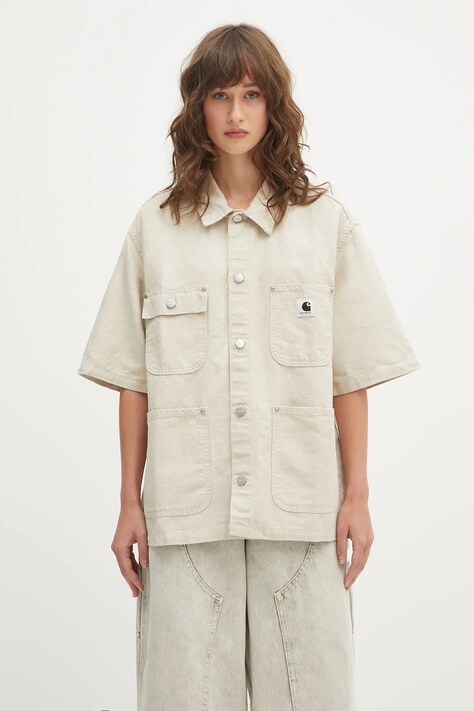 Πουκάμισο με μείγμα από λινό Carhartt WIP W' S/S Michigan χρώμα: μπεζ, I035573.502