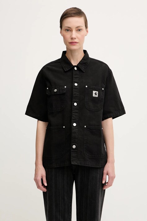 Carhartt WIP koszula jeansowa W' S/S Michigan damska kolor czarny relaxed z kołnierzykiem klasycznym I035573.89GD