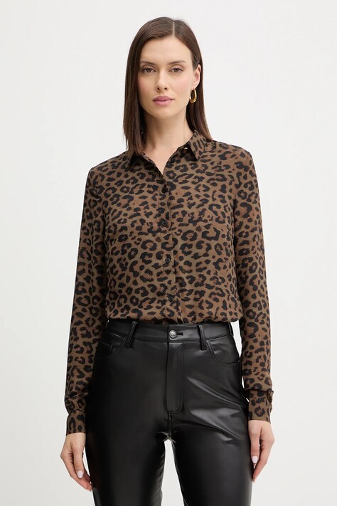 Guess koszula NEW CLOUIS damska kolor brązowy regular z kołnierzykiem klasycznym W5BH73 WGLA2