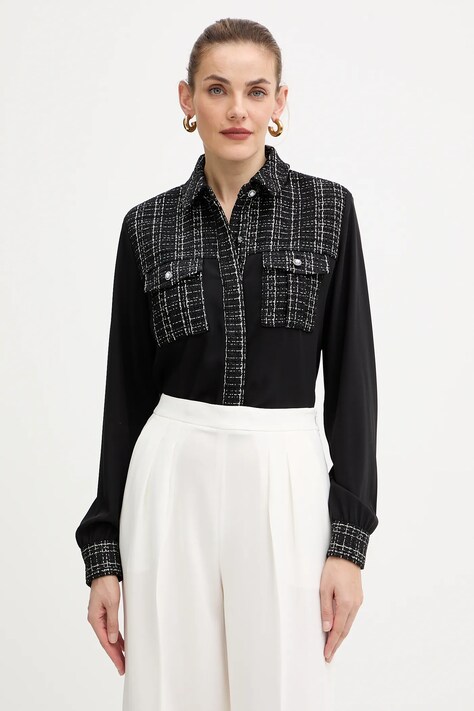 Guess koszula SANDRA damska kolor czarny regular z kołnierzykiem klasycznym W5BH55 W2382