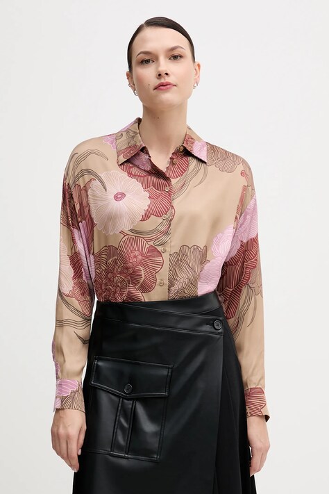 Sisley koszula damska kolor beżowy relaxed z kołnierzykiem klasycznym 5IBNLQ07F