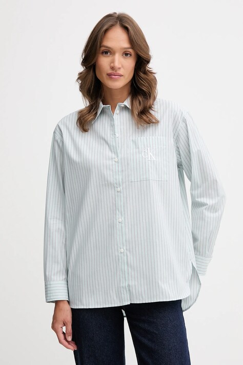 Calvin Klein Jeans koszula damska kolor zielony relaxed z kołnierzykiem klasycznym LV044D170G