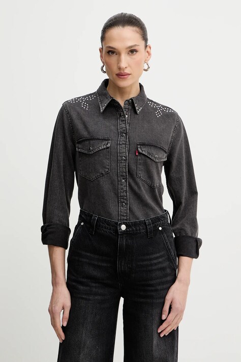 Levi's koszula bawełniana damska kolor szary regular z kołnierzykiem klasycznym 16786