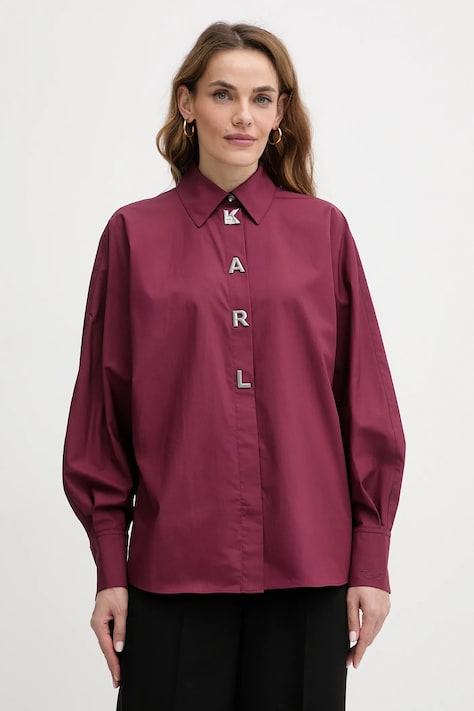 Bavlněná košile Karl Lagerfeld dámská, vínová barva, relaxed, s klasickým límcem, A4W11022