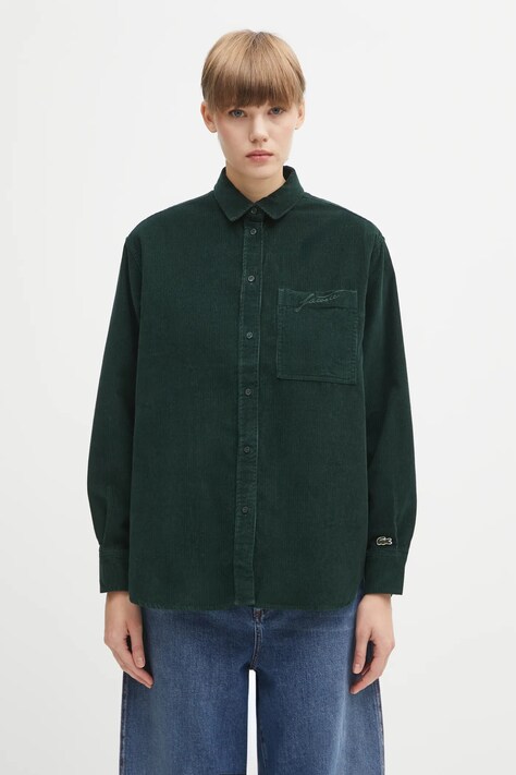Lacoste koszula sztruksowa damska kolor zielony regular z kołnierzykiem klasycznym CF5336