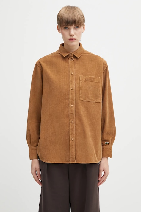 Вельветовая рубашка Lacoste цвет коричневый regular классический воротник CF5336
