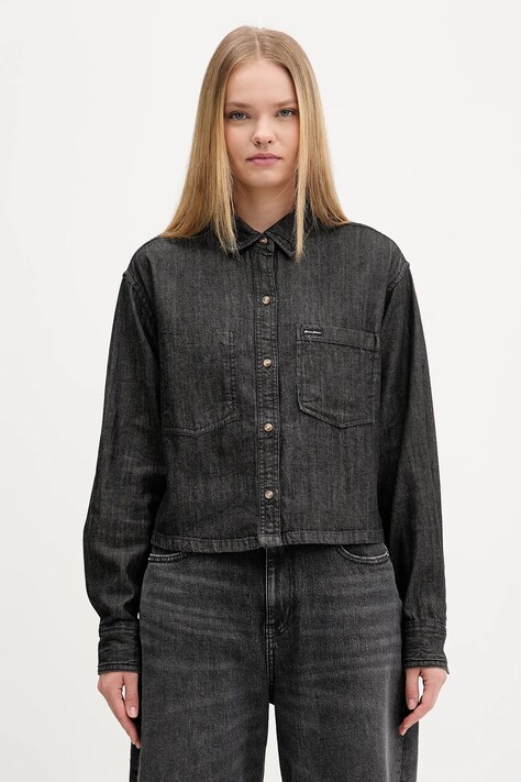 Guess Jeans koszula bawełniana damska kolor czarny relaxed z kołnierzykiem klasycznym W5BH0D D6161