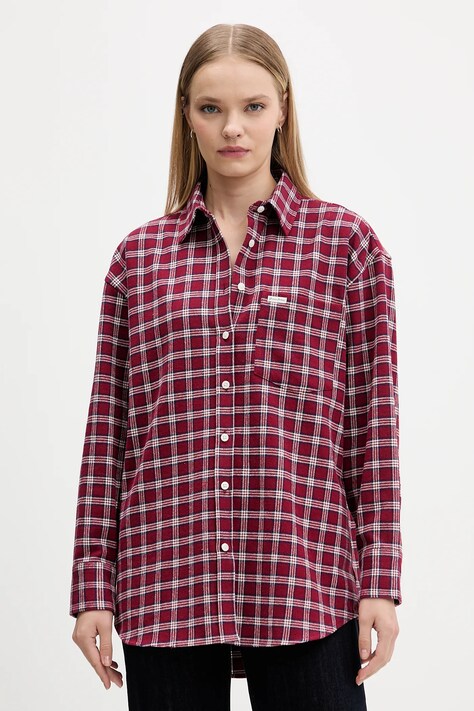 Guess Jeans koszula bawełniana damska kolor bordowy relaxed z kołnierzykiem klasycznym W5BH40 WGMH1