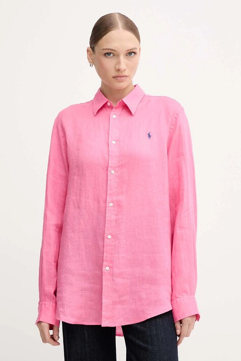 Polo Ralph Lauren koszula lniana damska kolor różowy regular z kołnierzykiem klasycznym 211970731