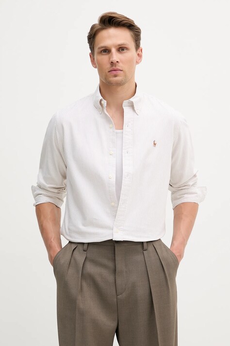 Bavlněná košile Polo Ralph Lauren pánská, béžová barva, regular, s límečkem button-down, 710953704