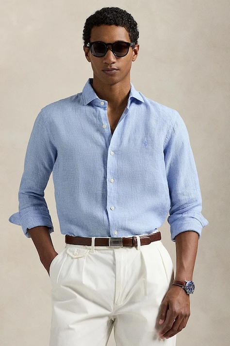 Lněná košile Polo Ralph Lauren pánská, modrá barva, regular, s klasickým límcem, 710968971
